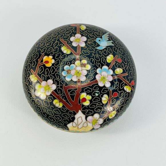 Vintage Round Floral Bird Cloisonné Trinket Jewelry Box - Picture 1 of 4